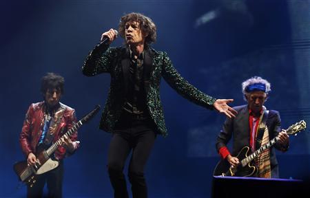 Ronnie Wood, Mick Jagger and Keith Richards of the Rolling Stones perform on the Pyramid Stage at Glastonbury music festival at Worthy Farm in Somerset